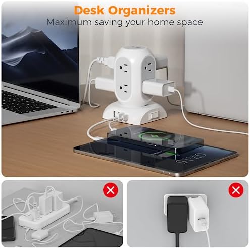 TESSAN Surge Protector Power Strip Tower with 10 Ft Flat Plug Extension Cord – 8 AC Outlets & 4 High-Speed USB Ports (1 USB-C) – 1050 Joules Protection – Ideal Charging Station for Home, Office, and Dorm Room Use – Maximize Safety and Organization