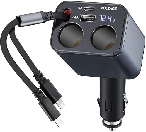 Ultimate 6-in-1 Retractable Car Charger: 159 W Fast Charging for i Phone 15/15 Pro Max, Galaxy, and Pixel – USB-C & Dual Cigarette Lighter Adapters for Multi-Device Convenience and Tangle-Free Storage