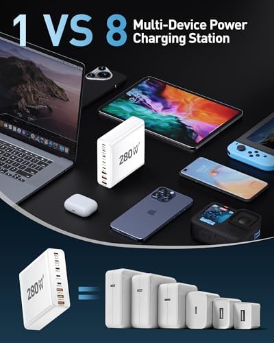 Revolutionize Your Charging Routine with the 280 W Ga N USB-C 8-Port Fast Charging Station – Power Up Laptops, Smartphones & More with PD 65 W Compatibility for Mac Book Pro/Air and Dell – Compact & Lightweight Design Perfect for Home, Office, and Travel – Universal Fast Charger for i Phone, Samsung Galaxy & All USB-C Devices