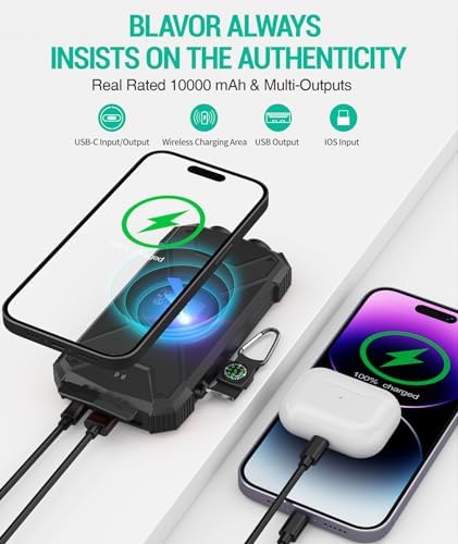 Ultimate BLAVOR Solar Charger Power Bank – 10,000 m Ah Portable Wireless Battery Pack with 20 W Fast Charging, USB-C Compatibility, Solar Panel for Sustainable Energy, and Dual Flashlight for Outdoor Adventures – Essential Gear for Campers and Hikers