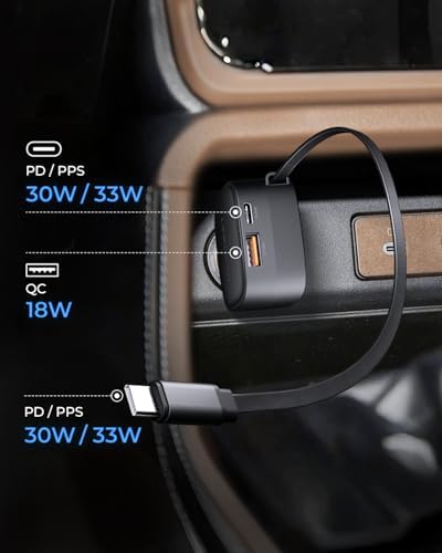 Ultra-Compact 84 W Max Retractable Fast Car Charger – Dual-Port USB C Cigarette Lighter Adapter with Built-In Type-C Cable for Effortless Charging and Clutter-Free Travel, Perfect for Families and Frequent Travelers