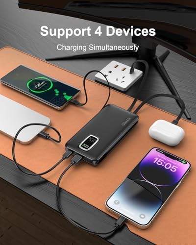 Ultimate 10000 m Ah Portable Power Bank with Built-In USB-C, USB-A & i OS Cables – 22.5 W Fast Charging Power Bank for i Phone 16/15/14/13, Samsung S24/S23/S22/S21, i Pad & More – Lightweight, Airline-Approved Charger for On-the-Go Convenience and Enhanced Device Compatibility