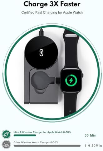 Compact 3-in-1 Wireless Charging Station for Apple Devices – Ultra-Fast 15 W Mag Safe Charger with Foldable Design, Ideal for Travel, Office, and Home Use – Certified Apple Watch Fast Charging Ready with Smart Chip Technology for Safe Power Delivery and Efficient Heat Dissipation – Complete Charging Kit with USB-C Adapter Included