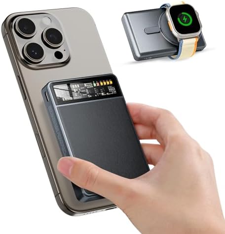 KPON Magnetic Power Bank with 10,000 m Ah Capacity – Wireless Fast Charging Portable Charger for i Phone 16 Pro Max/15/14/13 and Apple Watch, Foldable Stand for Hands-Free Use, Sleek Carbon Black Design – Ultimate Convenience for On-the-Go Charging
