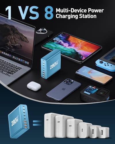 Revolutionize Your Charging Routine with the 280 W Ga N USB-C 8-Port Fast Charging Station – Power Up Laptops, Smartphones & More with PD 65 W Compatibility for Mac Book Pro/Air and Dell – Compact & Lightweight Design Perfect for Home, Office, and Travel – Universal Fast Charger for i Phone, Samsung Galaxy & All USB-C Devices