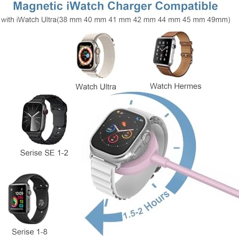 Chic 3.2 FT Wireless Fast Charger for Apple Watch – Effortless Charging Solution with Stylish Pink Design, Compatible with All Series 1-10, Includes Wall Plug for Ultimate Portability and Quick Power-Ups for Active Lifestyles