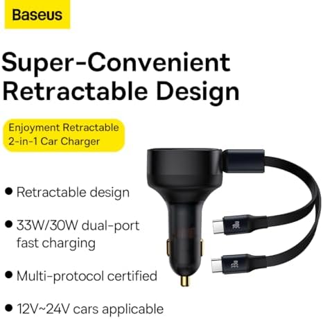 Baseus 33 W Retractable Dual USB-C Car Charger – Fast Charge Your Samsung Galaxy & Tablets on the Go, Sleek Black Design, Compact & Portable, Enhanced Safety Features for Effortless Travel Power Solutions