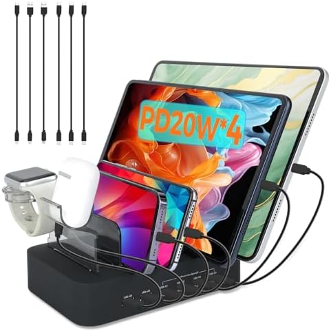 Ultimate 100 W USB C Multi-Device Charging Station: Fast Charge 4 PD & 2 USB Ports for Apple i Phone, i Pad, Android Phones & Tablets | Compact Desktop Organizer with Advanced Safety Features for Home & Office Use