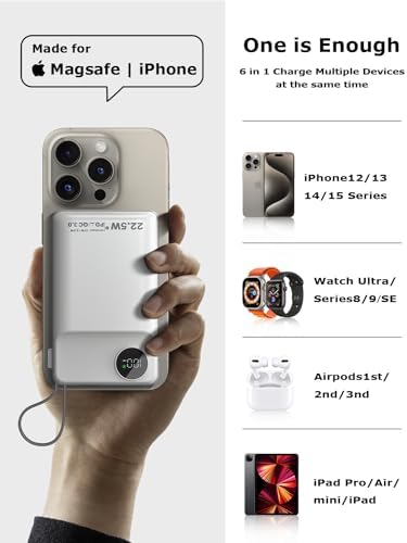LISEN Mag Safe Wireless Power Bank – 10,000 m Ah Fast Charging Portable Charger for i Phone 16, 15, 14 Pro Plus & Apple Watch – Sleek Design with Built-in Cable, 22.5 W Rapid Charging, Enhanced Compatibility for Seamless On-the-Go Power Solutions