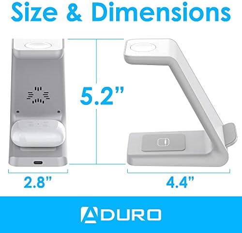Aduro Power Up Trinity Pro 3-in-1 Wireless Charging Station for Apple Devices – Ultimate Fast Qi Charging Dock for i Phone 12/11/SE, Apple Watch & Air Pods – Sleek Design with Enhanced Safety Features for Efficient Power Management and Organized Device Storage