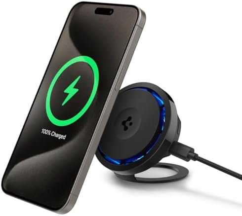 Revolutionize Your Charging Routine with the Spigen One Tap Pro 3 Cryomax Qi2 15 W Wireless Charger – Mag Safe Compatible with Integrated Cooling Fan and Sleep-Friendly Light for i Phone 16/15/14/13/12 – Stylish Black with Kickstand for Ultimate Versatility and Optimal Performance