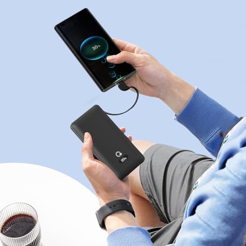 Ultimate Brand Q 10000 m Ah Portable Charger with Built-in Cables and AC Wall Plug – Fast Charging Power Bank with USB-C, Triple Output Ports for i Phone, Tablet & All Smartphones – Perfect Travel Companion for On-the-Go Charging