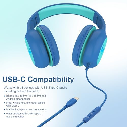 Discover Voopwink’s Safe and Stylish Blue Over-Ear Wired Headphones for Kids – Volume-Limited with Integrated Microphone, Perfect for Tablets and Travel, Ideal for Learning and Enjoyment.