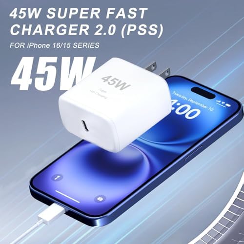 High-Efficiency 45 W USB-C Charger for i Phone 16 Pro Max – Rapid Charging Block with 6.6 FT Type C Cable, Universal Compatibility with i Pad and Galaxy Devices, Sleek Portable Design for On-the-Go Power Solutions