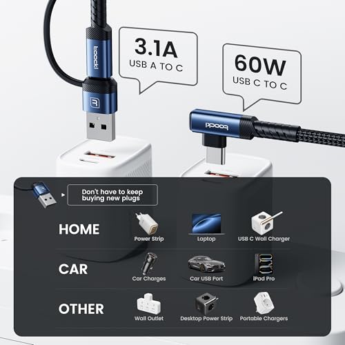 60 W USB-C to USB-C Cable Bundle (2-Pack, 6.6 FT) – Superior Fast Charging & Data Sync with Ergonomic Right Angle Design – Ideal for i Phone 15 Pro Max, Mac Book Air, Samsung S23 Ultra & More – Built to Last with Premium Durability & Versatile Compatibility