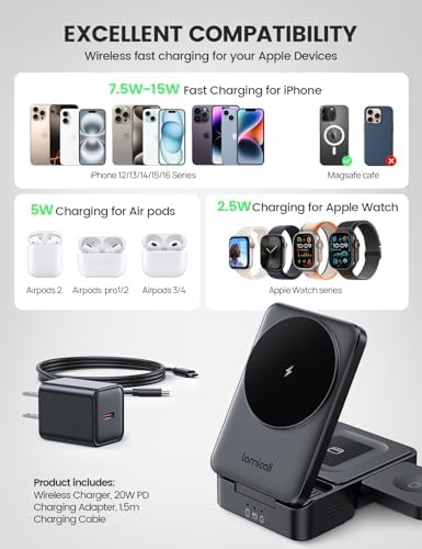 Lamicall 3-in-1 Wireless Charging Station for Mag Safe – Portable Fast Charging Hub for i Phone 16, 15, 14, 13, Apple Watch & Air Pods – Foldable Design for Travel Convenience & Enhanced Device Compatibility