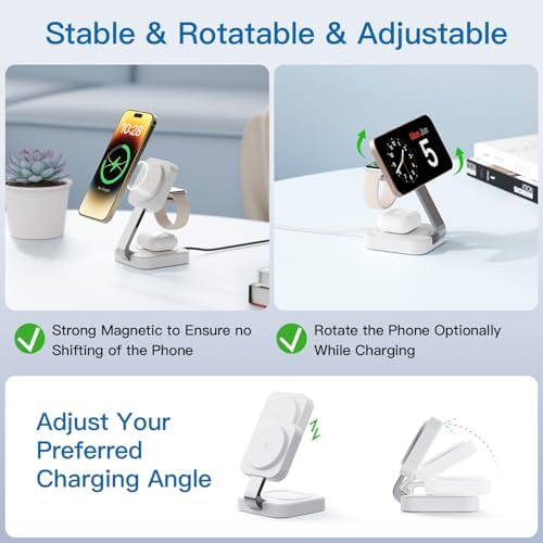 2025 Portable Wireless Mag Safe Fast Charging Hub – 3-in-1 Magnetic Charger for i Phone 16, 15, 14, 13, 12 Pro Max Plus, Apple Watch, and Air Pods – Compact Travel Essential with LED Indicator – Ultimate Gift for Tech-Savvy Couples (Black) – Superior Compatibility and Rapid Charging Performance