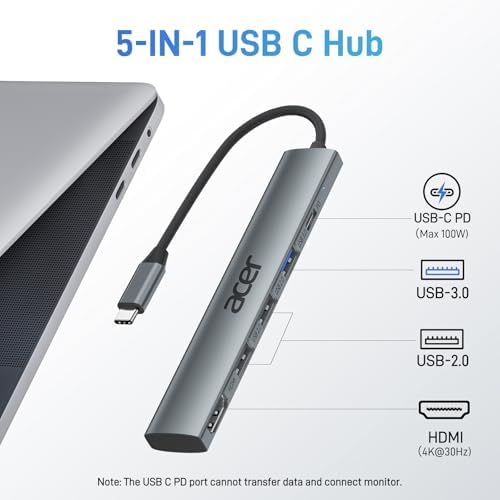 Acer 5-in-1 USB C Hub: Ultimate Multiport Adapter with 4 K HDMI Output, 100 W Power Delivery, and 3 USB-A Ports for Mac Book, i Pad Air, and i Phone 15/16 Pro – Unleash Seamless Connectivity and Fast Charging for All Your Devices!