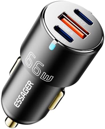 Essager 66 W Dual USB-C & USB-A Fast Charging Car Charger – Premium Aluminum Universal Adapter for Quick Charge 3.0, PD, and PPS – Ideal for i Phone 15/14/13/12 Pro Max and Samsung Galaxy Devices – Ultimate On-the-Go Power Solution