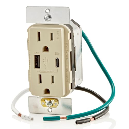Leviton 60 W Dual USB Type A/Type-C In-Wall Charger – Fast, Efficient Power Delivery Solution for Smartphones, Tablets & Laptops – Tamper-Resistant Outlet in Light Almond for Safe, Clutter-Free Charging Experience – Perfect for Home and Office Use