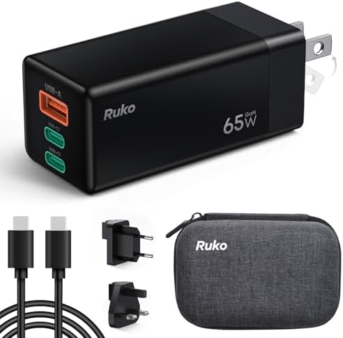 Ruko PD65 W Ga N Fast Charger – Ultra-Compact 3-Port USB-C Wall Adapter for Rapid Charging of i Phone 16/15, Mac Book Pro/Air, Galaxy S24, Pixel & More – Travel-Ready Foldable Design with Universal Compatibility for All Devices, Enhanced Efficiency for On-the-Go Power Needs