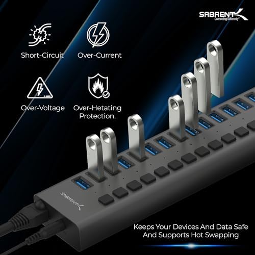 SABRENT 4-Port USB 3.0 Hub with Individual LED Power Switches – Ultimate Connectivity Solution for Home & Office with 5 V/2.5 A Adapter for Maximum Device Compatibility and Speed Enhancement