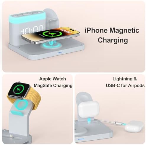 Revolutionize Your Charging Experience with the ANJANK 5-in-1 Wireless Charging Station: Multifunctional Dock for i Phone 16/15/14/13/12 Pro Max, Apple Watch & Air Pods with Adjustable Night Light and Built-In Alarm Clock for Seamless Device Management and Enhanced Ambiance