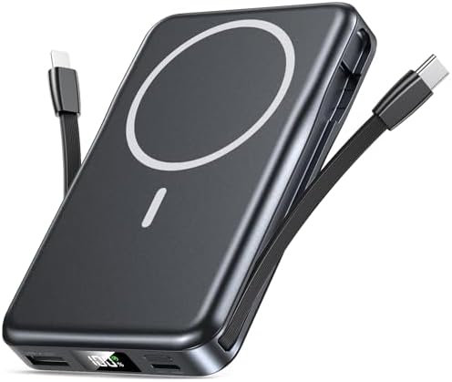 Ultimate 5-in-1 Mag Safe Battery Pack – 10,000 m Ah Portable Charger with Built-in Cable for Fast USB-C Charging | Compatible with i Phone 16/15/14/13 Pro/Pro Max & Samsung Series | Enhanced Magnetic Hold & Versatile Multi-Device Charging Solution | Ideal for On-the-Go Power Needs