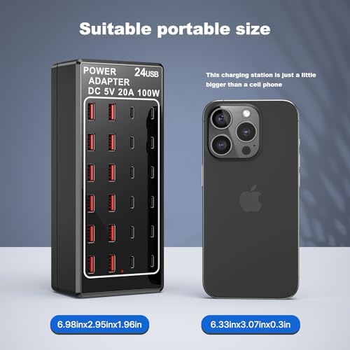 24-Port USB Charging Hub with 100 W Fast Charge Capability – Multi-Device Desktop Station with 12 USB-A & 12 USB-C Ports for Rapid Power Delivery to i Phone, i Pad, Samsung Galaxy, Laptops, and More – Space-Saving Design Ideal for Home or Office Use