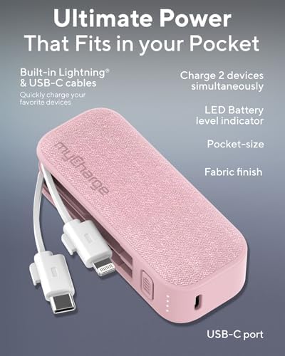 Compact Pink my Charge Power Hub Mini Portable Charger – 3000 m Ah Fast Charging Power Bank with Built-in Lightning & Type C Cables for On-the-Go Charging – Turbo USB C Technology for Enhanced Compatibility and Efficiency