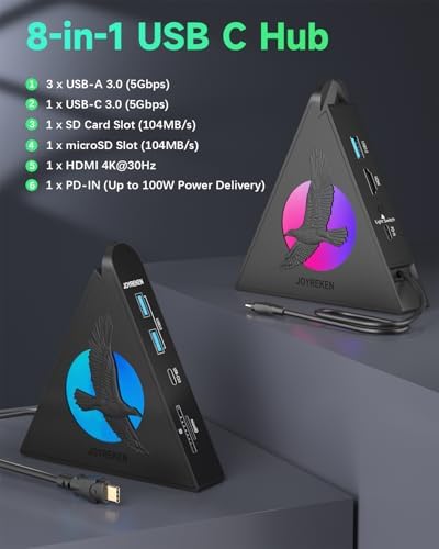 Experience Unmatched Connectivity with the 8-in-1 USB C Hub Multiport Adapter – 4 K HDMI Output, 100 W Power Delivery, and Vibrant RGB Lighting for Mac Book, Surface & i Mac – Effortless File Transfers with USB-A 3.0, USB-C, and SD Card Reader – Your Go-To Accessory for Enhanced Productivity and Seamless Device Integration