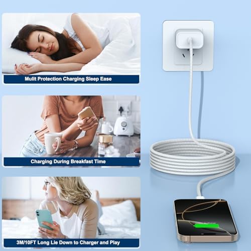 Ultimate 10 FT Braided USB-C Charger for i Phone 16 Pro – High-Speed 20 W Fast Charge Block for i Phone 15 Series & i Pad Pro – MFi Certified Durable Cable for Enhanced Power Delivery and Longevity