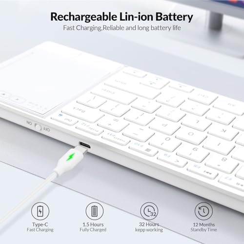 Transform Your Workspace with the Rii Ultra-Slim Wireless Bluetooth Keyboard – Multi-Device Rechargeable Stainless Steel Design with Multi-Touch Touchpad for Seamless PC, Mac, and Laptop Connectivity – Ergonomic, Durable, and Stylish for Effortless Typing and Navigation