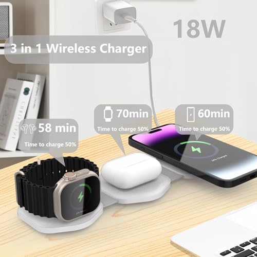 Portable 3-in-1 Magnetic Wireless Charging Station for Apple Devices – Fast, Foldable Charger for i Phone 15/14/13/12 & Apple Watch Ultra/SE/9/8/7/6/5/4/3/2 – Sleek White Design for Travel Convenience and Enhanced Performance