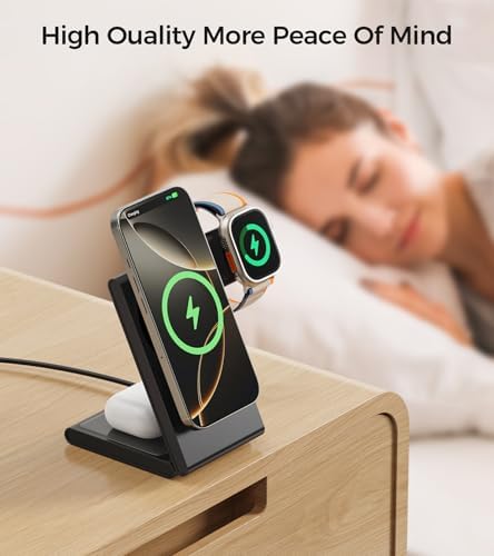 Ultimate 3-in-1 Wireless Charging Station: Fast-Fold Portable Mag Safe Charger for i Phone 12-16, Apple Watch Series 10/9/8/Ultra 2 & Air Pods 4 with 20 W Power Adapter – Effortless Travel and Enhanced Compatibility for Efficient Device Charging