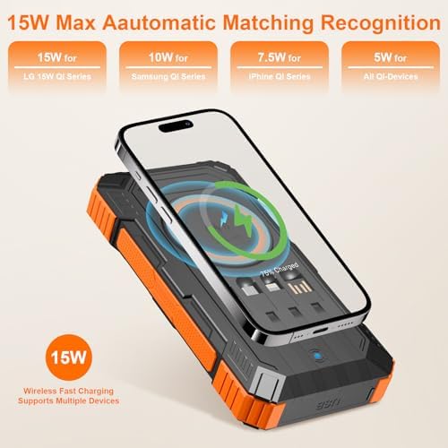 Ultra-Reliable 49,800 m Ah Solar Power Bank – High-Speed Wireless Charging with 4 Built-In Cables & 22.5 W QC3.0 Technology – IP65 Waterproof Emergency Battery for Outdoor Adventures – Charge 6 Devices Simultaneously, Compatible with Smartphones & Tablets