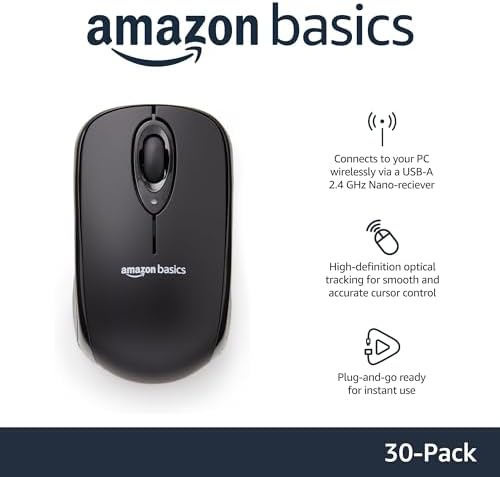 Wireless Silver Optical Mouse by Amazon Basics – 2.4 GHz Connection with USB Nano Receiver for Effortless Navigation and Ergonomic Comfort in Home & Office Use