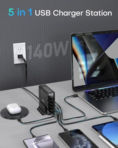 Power Up with the 140 W Ga N USB-C Charging Station: 5-Port High-Speed Charger for Mac Book, i Phone 15, and Samsung Galaxy – Enhanced Display for Real-Time Monitoring, Sleek Black Design, Perfect for Home & Office Use