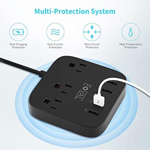 FOVAL European Travel Plug Adapter with 4 USB Ports and 3 AC Outlets – Compact Wall-Mount Power Strip with 5 ft Extension Cord for Ultimate Travel Convenience and Home Office Versatility (Black)