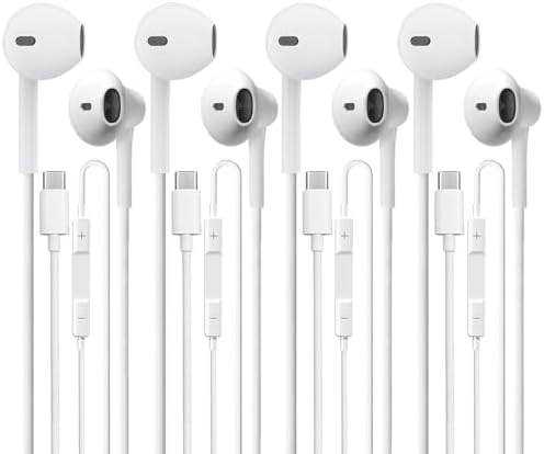 Premium USB-C Earbuds 4-Pack – High-Fidelity Wired Earphones with Integrated Microphone & Volume Control for Crystal-Clear Sound, Compatible with Samsung Galaxy S23/S22/S21, Google Pixel 6/5/4 XL, and i Pad Pro – Exceptional Tangle-Free Design for Music, Calls, and Everyday Utility