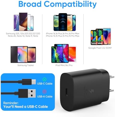 Rapid 25 W USB-C Wall Charger for Samsung Galaxy Devices – High-Speed Type-C Power Adapter with 6.6 ft Extended Charging Cable for Ultimate Flexibility and Device Compatibility – Ideal for S24 Series, S23 Ultra, S22, S21, S20, and Note Lineup