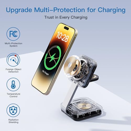 2025 Portable Wireless Mag Safe Fast Charging Hub – 3-in-1 Magnetic Charger for i Phone 16, 15, 14, 13, 12 Pro Max Plus, Apple Watch, and Air Pods – Compact Travel Essential with LED Indicator – Ultimate Gift for Tech-Savvy Couples (Black) – Superior Compatibility and Rapid Charging Performance