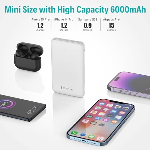 Ultra-Slim 20 W Fast Charging Power Bank with Built-in USB C Cable – 6000 m Ah Lightweight Portable Charger for i Phone 16, 15, Samsung & Android Devices – Essential Travel Battery Pack for On-the-Go Power Needs