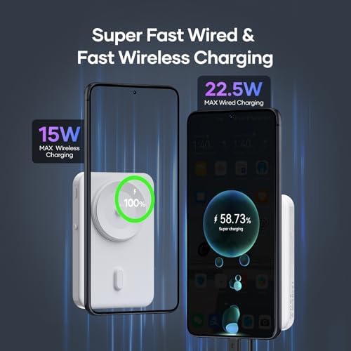 Ultra-Slim Wireless Power Bank with Suction Cup for i Phone & Android – 5000 m Ah Portable Charger with 22.5 W USB-C PD Fast Charging – Effortless On-the-Go Charging in Sleek White Finish – Perfect for Busy Lifestyles and Travel