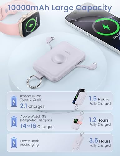Experience Uninterrupted Power with RORRY 10000 m Ah Portable Charger: PD 20 W Fast Charge Power Bank with Integrated Cables for i Phone 16/15/14/13/12/11 & Apple Watch Ultra/10/9/8/7/6/5/4/3 – Sleek Pink Design for Travelers and Professionals – Hassle-Free Charging on the Go