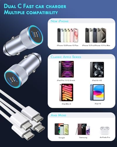 Fast Charge Dual USB-C Car Charger for i Phone 16/16 Pro Max/15 with Braided Nylon Cable – High-Speed PD3.0 Adapter for Convenient On-the-Go Charging – Durable, Compact Design for i Pad Compatibility – Tangle-Free Solution for Everyday Use – Essential Road Trip Companion