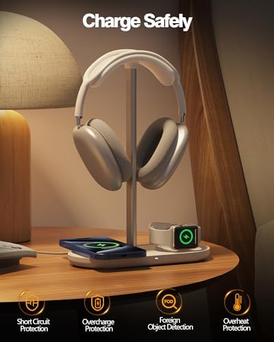 Transform Your Gaming Experience with the Hi We 3-in-1 Premium Headphone Stand & Wireless Charging Dock – Universal Desktop Organizer for Headphones, Air Pods, and Smartwatches – Durable Aluminum Alloy with Elegant Leather Pad and Stable ABS Base – Quick Charge Functionality for All Your Essential Devices