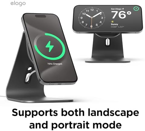 elago MS4 Charging Stand Compatible with MagSafe Charger, Aluminum Stand Compatible with iPhone 16/15/14/13/12 Series, Designed for iOS17 Standby Mode (Cable Not Included) (Black) – Enhanced Compatibility and Speed