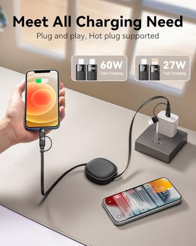Versatile 5 in 1 Retractable Charging Cable Pack – 60 W USB C to Lightning Fast Charge for i Phone 16/15/14 Pro Max, i Pad & Samsung S24/S23 – Ideal Multi Device Solution for Home & Travel with Enhanced Durability