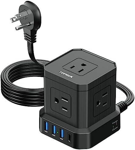 TOPREK Ultra-Slim 5-Outlet Power Strip with USB-C and USB-A Ports – 5 FT Flat Extension Cord Surge Protector for Efficient Charging in Home, Office, and Travel – Compact Design for Enhanced Portability and Safety